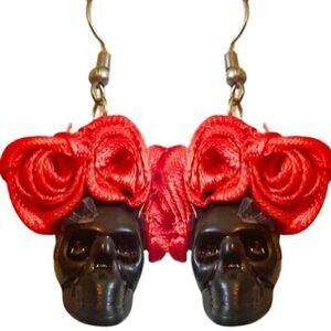 NEW Day of the Dead Drop Earrings Black Skull with Red Rose Flower Crown Tops